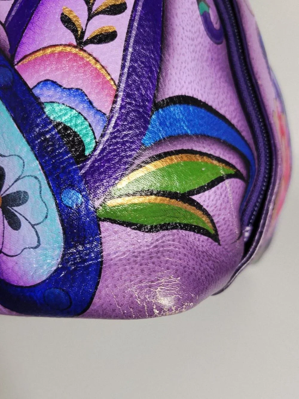 ANUSCHKA Painted Genuine Leather Purple Peonies Paisley Hobo Shoulder Bag EUC